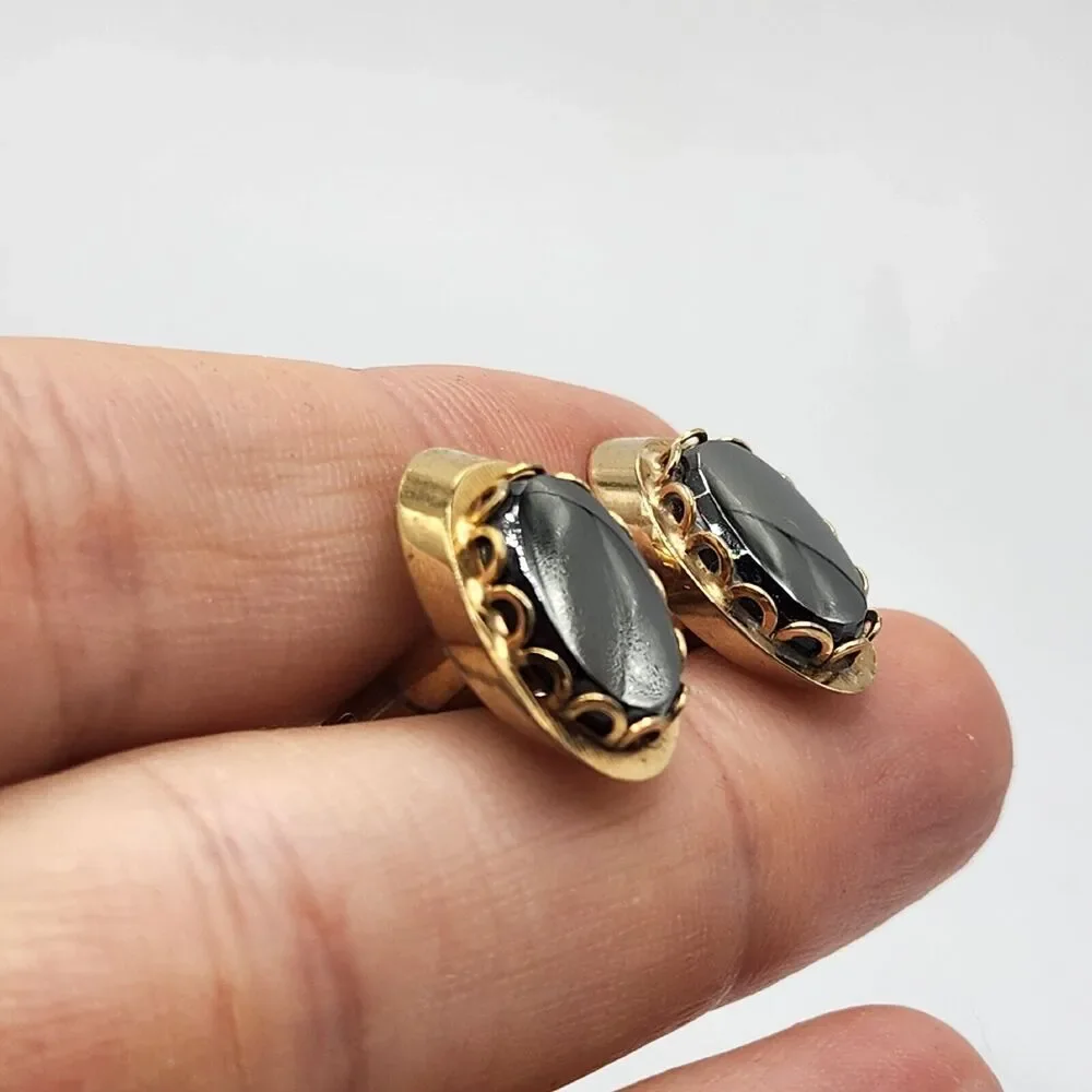 Vintage Hematite Gray Black Oval Cabochon Gold Tone Classy Dapper Cufflinks